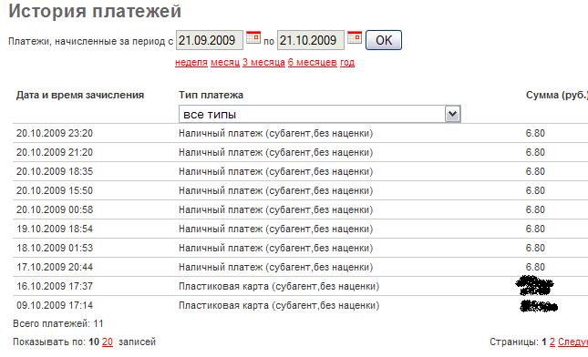 История платежей